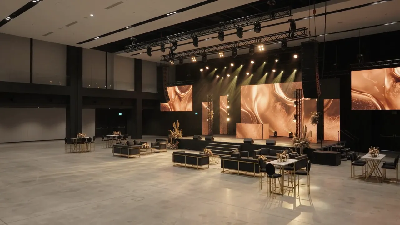 The completed event setup with illuminated stage screens, lighting, lounge seating and decorated tables.