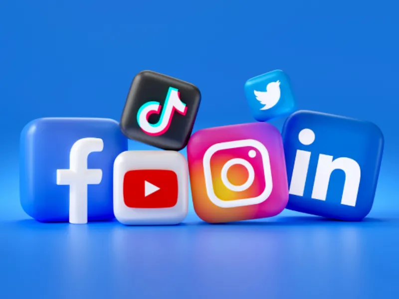 An illustration of social platform logos against a blue background.
